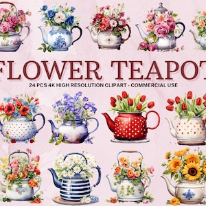 May include: 24 watercolor illustrations of teapots filled with various flowers. The teapots are in different styles and colors, including blue, white, red, and brown. The flowers include sunflowers, roses, tulips, and daisies. The text "FLOWER TEAPOT" is written in brown letters on a pink background.