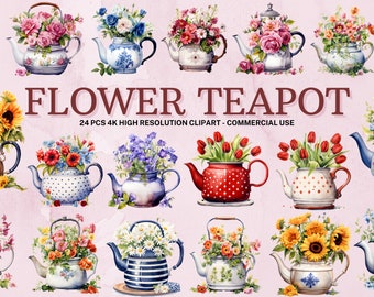 Flower Teapot PNG Collection | Watercolor Flower Teapot Clipart | Instant Download | 24 High Quality PNG