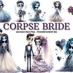 Corpse Bride Clipart-Set, 28 Aquarell Corpse Bride PNG, Valentinstag
