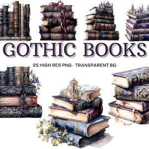 Gothic Books Clipart Set, 25 Watercolor Gothic Books PNG, Junk Journal