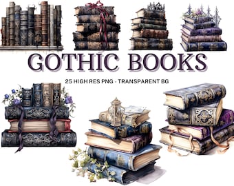 Watercolor Gothic Books Clipart: Junk Journal PNG Set (Digital Download)