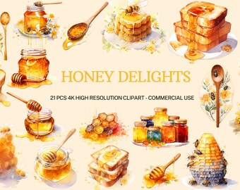 Watercolor Honey Clipart: Honeycomb & Bees, 21 PNG SVG Graphics (Digital Download)