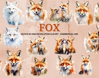 Clipartset aquarel vos: 24 dieren-png-afbeeldingen