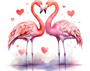 Watercolor Valentines Flamingo Clipart, Pink Birds (JPG Files)