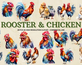 Watercolor Rooster & Chicken Clipart Set: Farm Animal PNG Images