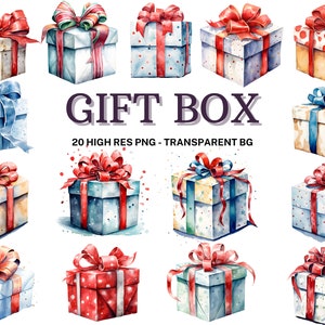 Watercolor Gift Box Clipart Set, Presents Clipart, 20 High Res Christmas Gift Box PNG