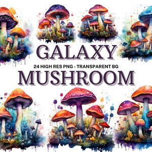 Conjunto de clipart de cogumelos Galaxy, 20 cogumelos mágicos em aquarela, pacote de cogumelos fantasia