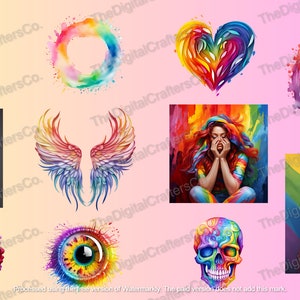 May include: A collection of rainbow-coloured digital illustrations featuring a paw print, a heart, a circle, a pair of wings, a woman with rainbow hair, a skull, an eye, and a woman with rainbow hair in front of a rainbow flag.