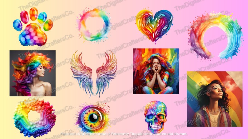 May include: A collection of rainbow-coloured digital illustrations featuring a paw print, a heart, a circle, a pair of wings, a woman with rainbow hair, a skull, an eye, and a woman with rainbow hair in front of a rainbow flag.