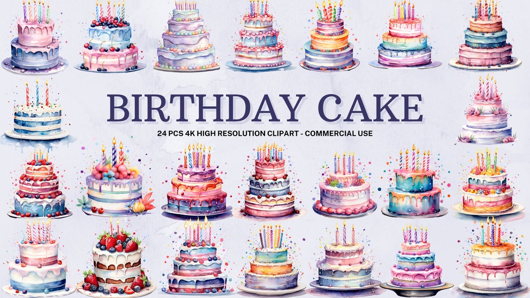 Watercolor Birthday Cake Clipart: 24 PNG Collection (instant Download ...