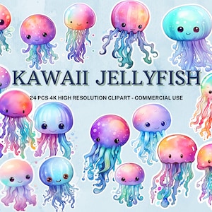 Colección Kawaii Jellyfish SVG PNG / Kawaii Jellyfish Clipart / Descarga instantánea / 24 PNG de alta calidad