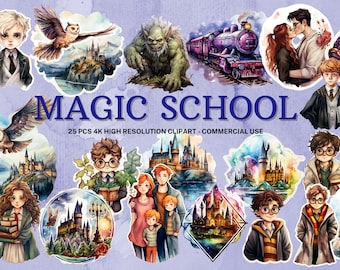 Watercolor Wizard Clipart: Mystical School PNG Stickers (Instant Download)