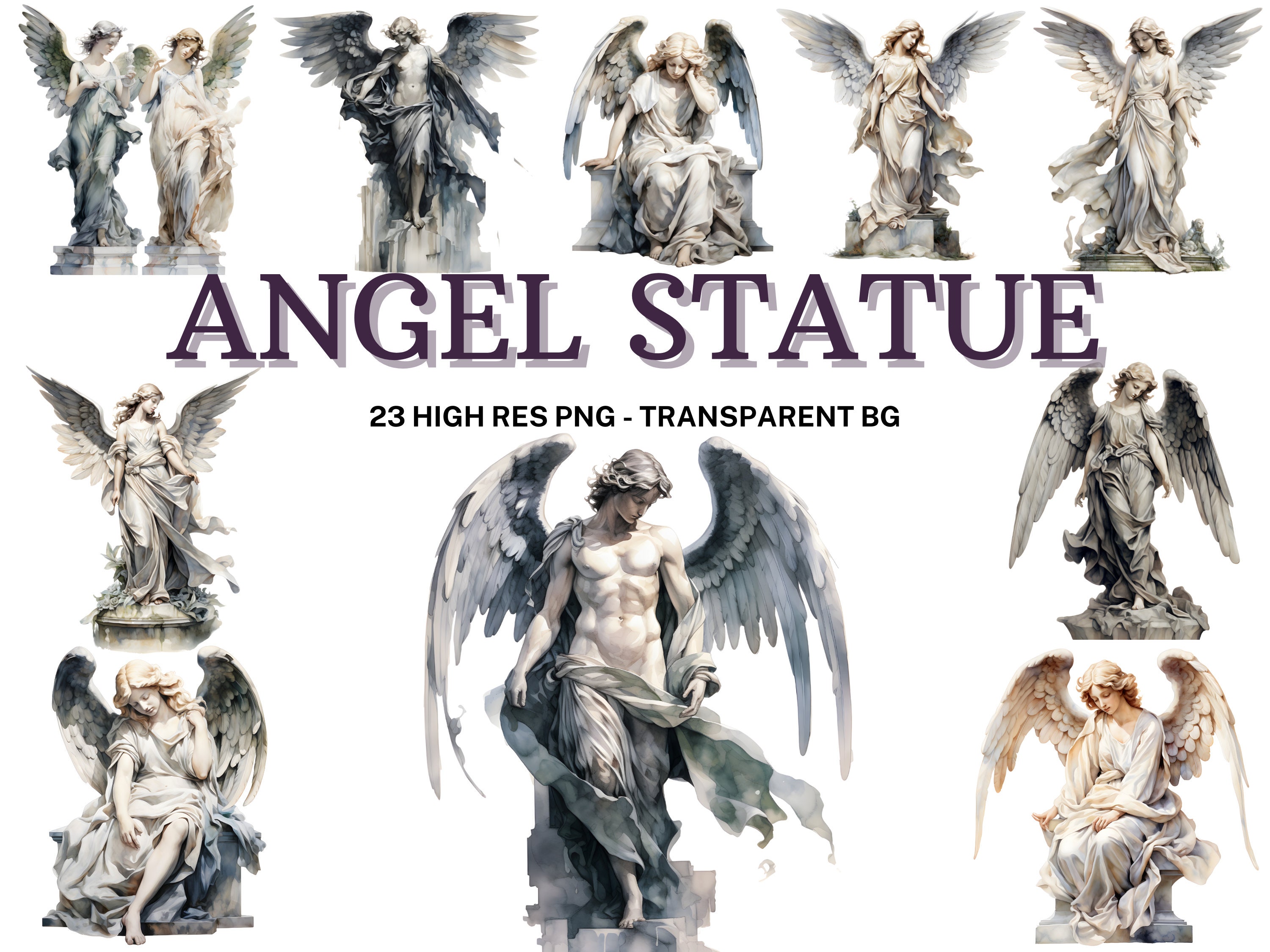 Angel Statues Clipart Set, 23 Watercolor Angel Statues PNG, Angel Illustrations, Greek Statues