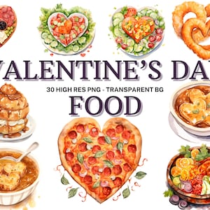 Conjunto de imágenes prediseñadas de alimentos del día de San Valentín, 30 PNG de alimentos del día de San Valentín en acuarela, Imágenes prediseñadas de alimentos del día de San Valentín