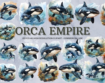 Akwarelowa grafika Orki: Wieloryb SVG, pakiet naklejek oceanicznych (pobranie cyfrowe)