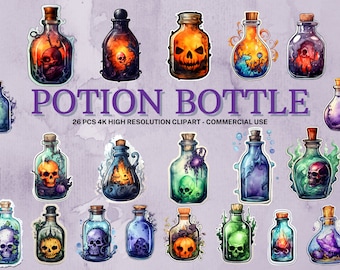 Watercolor Potion Bottle Clipart Set: Alchemy PNG Images (Digital Download)