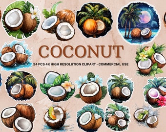 Coconut Clipart Collection | Watercolor Coconut Clipart | Coconut PNG | Coconut Sticker | Instant Download | 24 High Quality PNG
