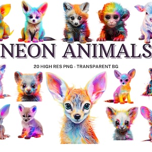 Conjunto de imágenes prediseñadas de animales de neón, 20 PNG de animales de neón, álbum de recortes, imágenes de animales, animales de acuarela
