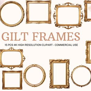 Könnte beinhalten: Ein Set mit 15 goldfarbenen Bilderrahmen in verschiedenen Formen und Größen. Die Rahmen sind verziert und haben einen Vintage-Look. GILT FRAMES 15 PCS 4K HIGH RESOLUTION CLIPART - COMMERCIAL USE