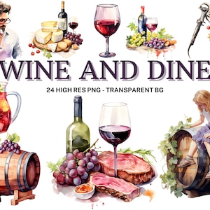Set di clipart vino, 24 PNG acquerelli Wine and Dine, sublimazione del vino