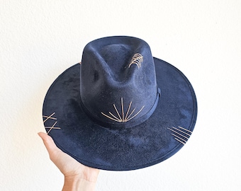 Embroidered Vegan Suede Rancher Hat | Boho Stitched Hat
