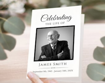 Classic Minimal Funeral Program Template • Editable Memorial to Download, Bifold, Folded • Custom Order of Service, Obituary, Personalized