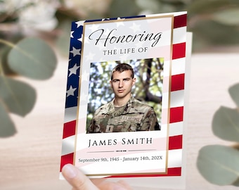 Veterans Funeral Program Template • Editable Memorial to Download, Bifold • Custom  Order of Service, Obituary • American Flag, Red, Blue
