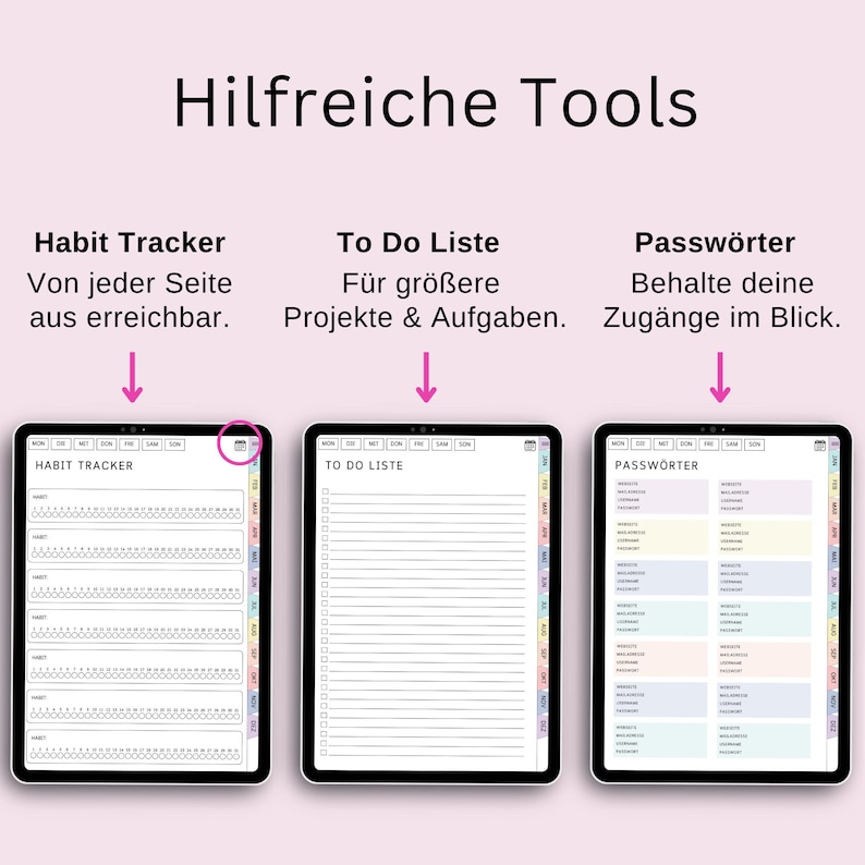Pu&ograve; includere: Tre pagine di un planner digitale visualizzate sullo schermo di un tablet. La prima pagina &egrave; un tracker delle abitudini con una griglia di quadrati per ogni giorno del mese. La seconda pagina &egrave; una lista di cose da fare con uno spazio vuoto per scrivere le attivit&agrave;. La terza pagina &egrave; un tracker delle password con una griglia di quadrati per memorizzare nomi utente e password.