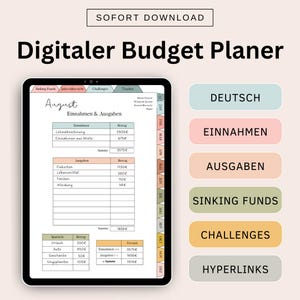 May include: A digital budget planner template for the month of August. The template includes sections for income, expenses, sinking funds, challenges, and hyperlinks. The template is in German.