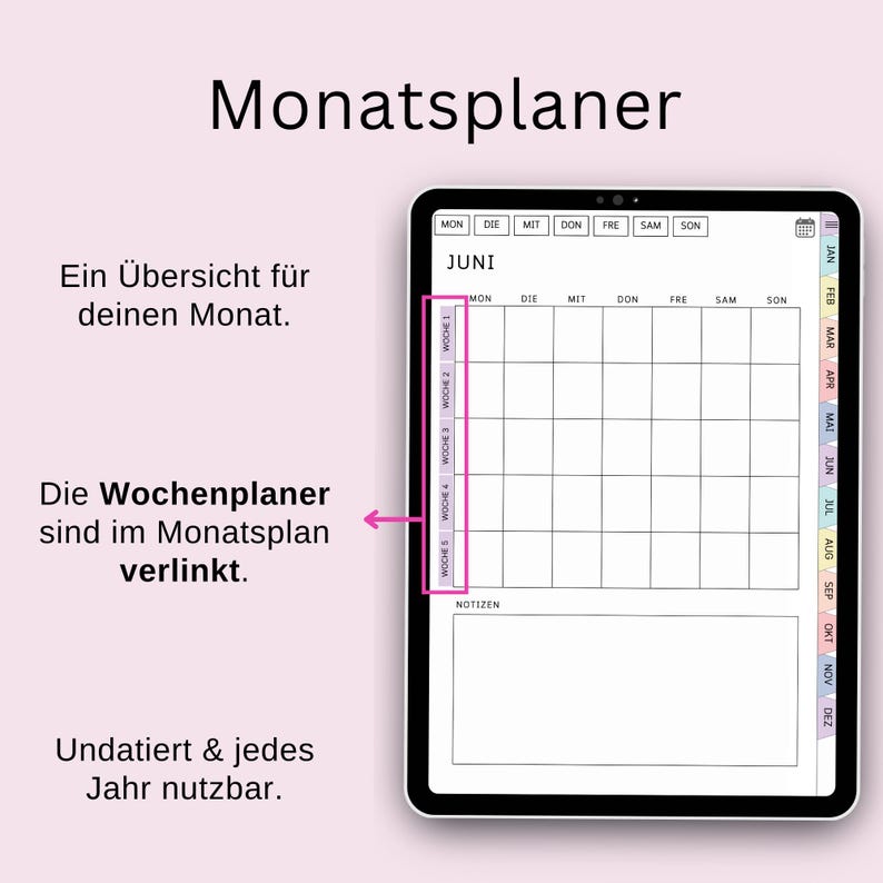 Pu&ograve; includere: Un planner digitale sullo schermo di un tablet con un layout di calendario mensile per giugno. Il calendario &egrave; diviso in settimane, con ogni settimana etichettata "Woche" (tedesco per "settimana"). Il calendario include anche una sezione per le note.