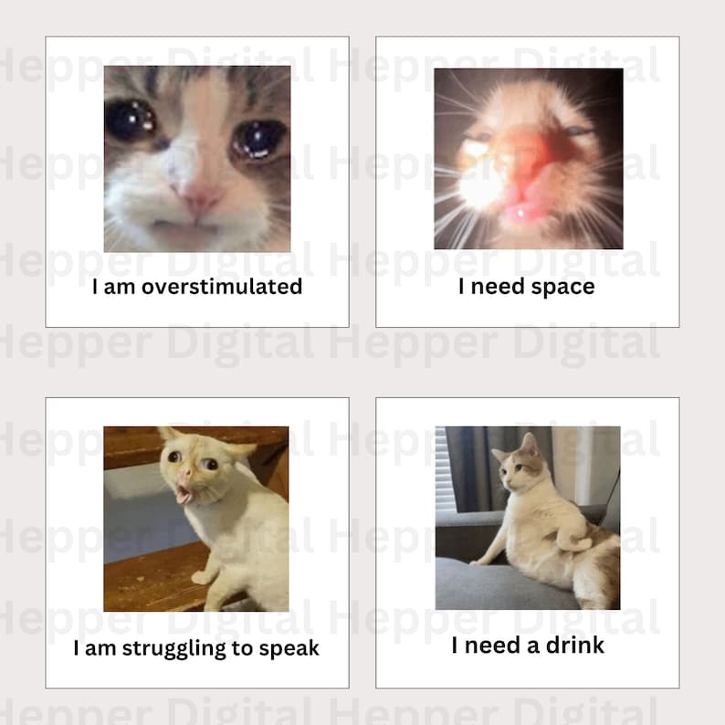 May include: A meme image collage featuring four different cat photos with text captions. The first image shows a cat with tears in its eyes and the caption "I am overstimulated". The second image shows a cat with its mouth open and the caption "I need space". The third image shows a cat with its mouth open and the caption "I am struggling to speak". The fourth image shows a cat sitting on a couch with the caption "I need a drink".