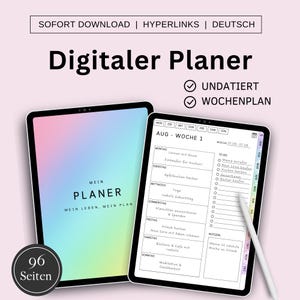 Könnte beinhalten: Ein digitaler Planer auf einem Tablet-Bildschirm mit einem Regenbogen-Farbverlauf im Hintergrund. Der Planer ist mit "Mein Planer" betitelt und hat ein wöchentliches Layout mit Abschnitten für Montag bis Sonntag. Der Planer enthält eine To-Do-Liste, einen Notizbereich und einen Kalender. Der Text "96 Seiten" ist in der linken unteren Ecke sichtbar.