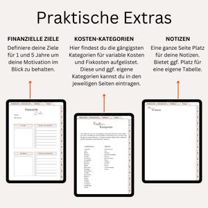 Pu&ograve; includere: Tre pagine di planner digitale con le intestazioni "Obiettivi finanziari", "Categorie di costi" e "Note". Le pagine sono progettate per aiutare gli utenti a tenere traccia delle loro finanze e a pianificare il futuro.
