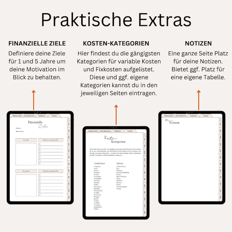 Pu&ograve; includere: Tre pagine di planner digitale con le intestazioni "Obiettivi finanziari", "Categorie di costi" e "Note". Le pagine sono progettate per aiutare gli utenti a tenere traccia delle loro finanze e a pianificare il futuro.