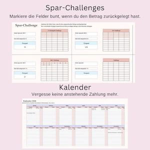 May include: A pink and white printable planner with the text "Spar-Challenges" and "Kalender". The planner includes sections for savings challenges and a 2026 calendar. The text is in German.