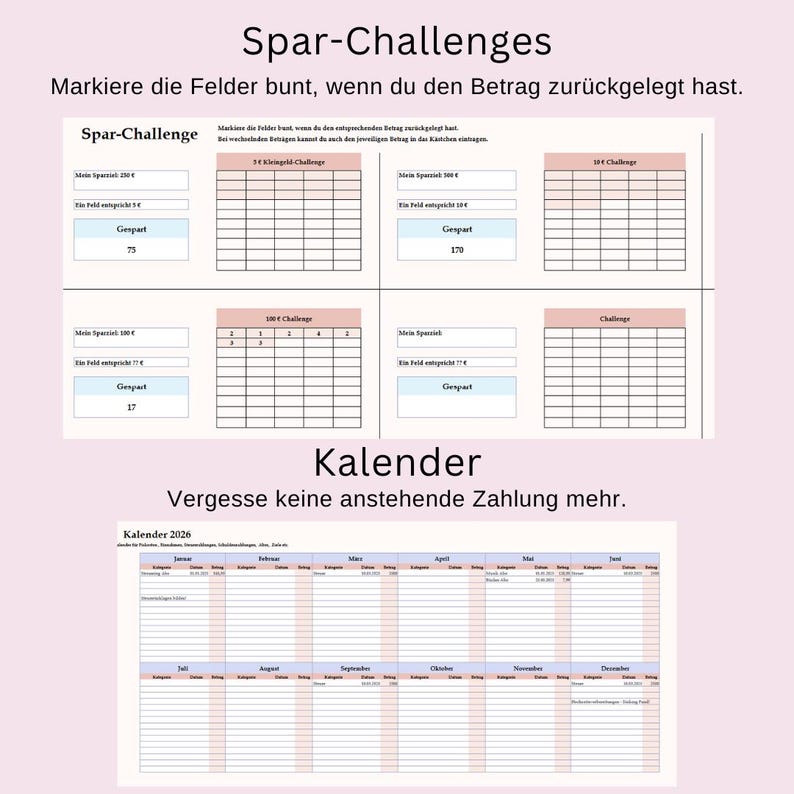 May include: A pink and white printable planner with the text "Spar-Challenges" and "Kalender". The planner includes sections for savings challenges and a 2026 calendar. The text is in German.
