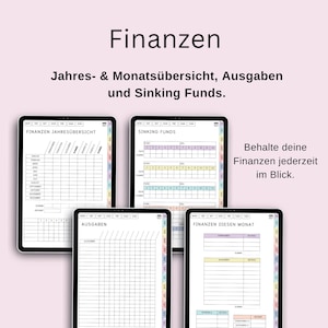 Pu&ograve; includere: Quattro pagine di planner digitale stampabili per il monitoraggio delle finanze. Le pagine sono intitolate "Finanzen Jahres&uuml;bersicht", "Sinking Funds", "Ausgaben" e "Finanzen Diesen Monat".