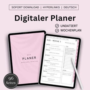 Może przedstawiać: Cyfrowy planer na ekranie tabletu z różowym tłem. Planer nosi tytuł "Digitaler Planer" i oferuje opcje "Undatiert" i "Wochenplan". Planer jest otwarty na pierwszy tydzień sierpnia i zawiera listę rzeczy do zrobienia, sekcję notatek i harmonogram dzienny.