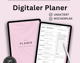 デジタルプランナー ドイツ語 日付なし、iPad プランナー、ハイパーリンク付きウィークリープランナー、バレットジャーナル、GoodNotes カレンダー、2025 プランナー ピンク