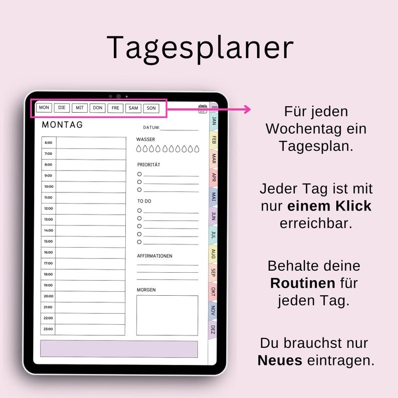 Pu&ograve; includere: Un'app di pianificazione digitale sullo schermo di un tablet con un programma giornaliero per ogni giorno della settimana. L'app ha una vista del calendario con un elenco di attivit&agrave; e una sezione per le note. L'app &egrave; progettata per aiutare gli utenti a rimanere organizzati e in pista con i loro obiettivi quotidiani.