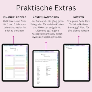 May include: A digital planner with three sections: Financial Goals, Cost Categories, and Notes. The Financial Goals section has a list of goals with checkboxes. The Cost Categories section has a list of categories for variable and fixed costs. The Notes section is a blank page.