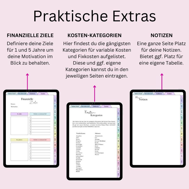 May include: A digital planner with three sections: Financial Goals, Cost Categories, and Notes. The Financial Goals section has a list of goals with checkboxes. The Cost Categories section has a list of categories for variable and fixed costs. The Notes section is a blank page.
