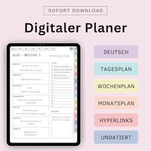 Könnte beinhalten: Ein digitaler Planer mit einer wöchentlichen Aufteilung für August, Woche 1. Der Planer beinhaltet Bereiche für tägliche Aufgaben, To-Do-Listen, Notizen und Hyperlinks. Der Planer ist in deutscher Sprache.