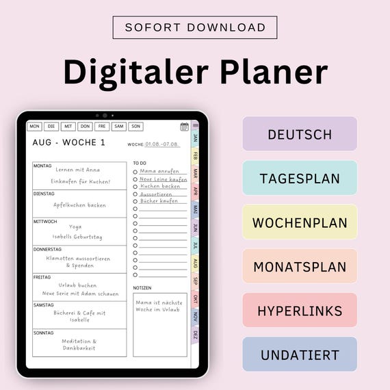 Digitaler Planer Deutsch Undatiert, iPad Planer, Hyperlinked Wochenplaner, Bullet Journal, GoodNotes Kalender, 2025 Planer Bunt