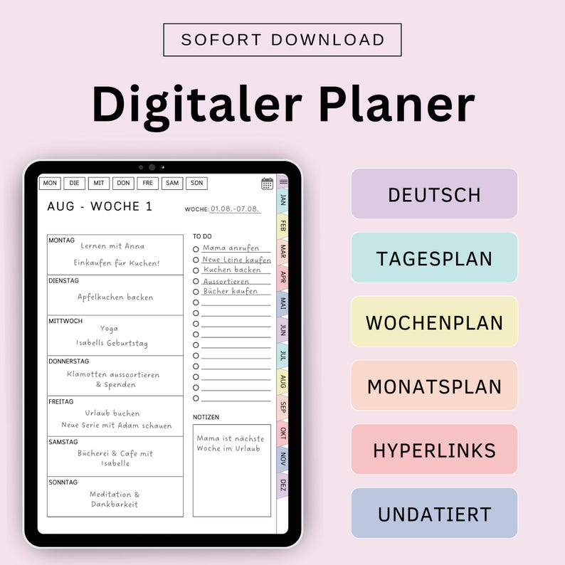 Digitaler Planer Deutsch Undatiert, iPad Planer, Hyperlinked Wochenplaner, Monatsplan, Tagesplaner, Goodnotes Kalender