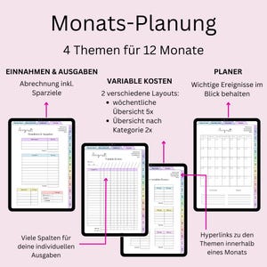 May include: A digital planner with four different sections: Income & Expenses, Variable Costs, Planner, and August. The planner includes a calendar, a budget tracker, and a section for tracking variable costs. The planner is designed to help users plan their finances and track their progress.