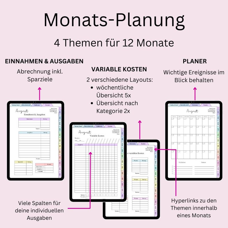 May include: A digital planner with four different sections: Income & Expenses, Variable Costs, Planner, and August. The planner includes a calendar, a budget tracker, and a section for tracking variable costs. The planner is designed to help users plan their finances and track their progress.