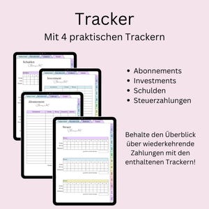 May include: Four printable digital trackers for managing subscriptions, investments, debts, and taxes. The trackers are designed with a colorful grid layout and the text "Tracker" and "Mit 4 praktischen Trackern" are visible at the top of the image.