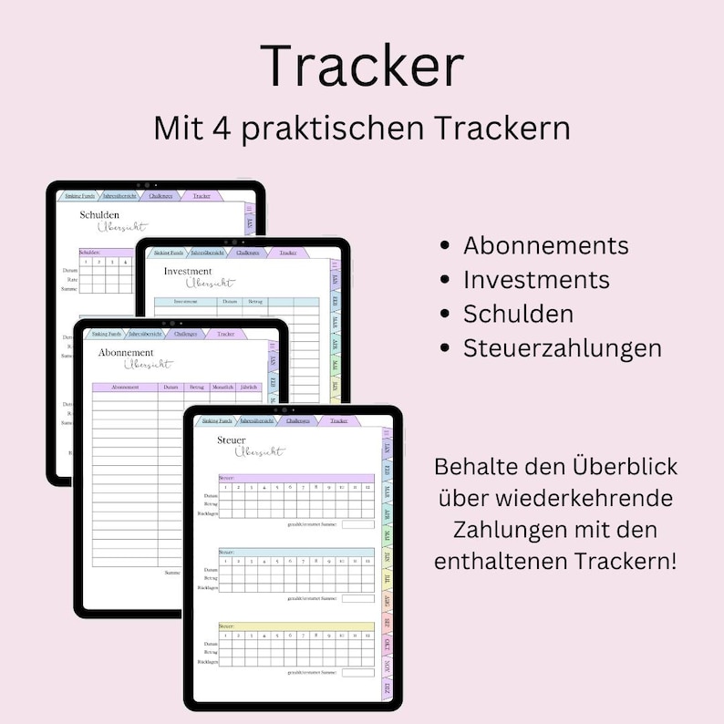 May include: Four printable digital trackers for managing subscriptions, investments, debts, and taxes. The trackers are designed with a colorful grid layout and the text "Tracker" and "Mit 4 praktischen Trackern" are visible at the top of the image.