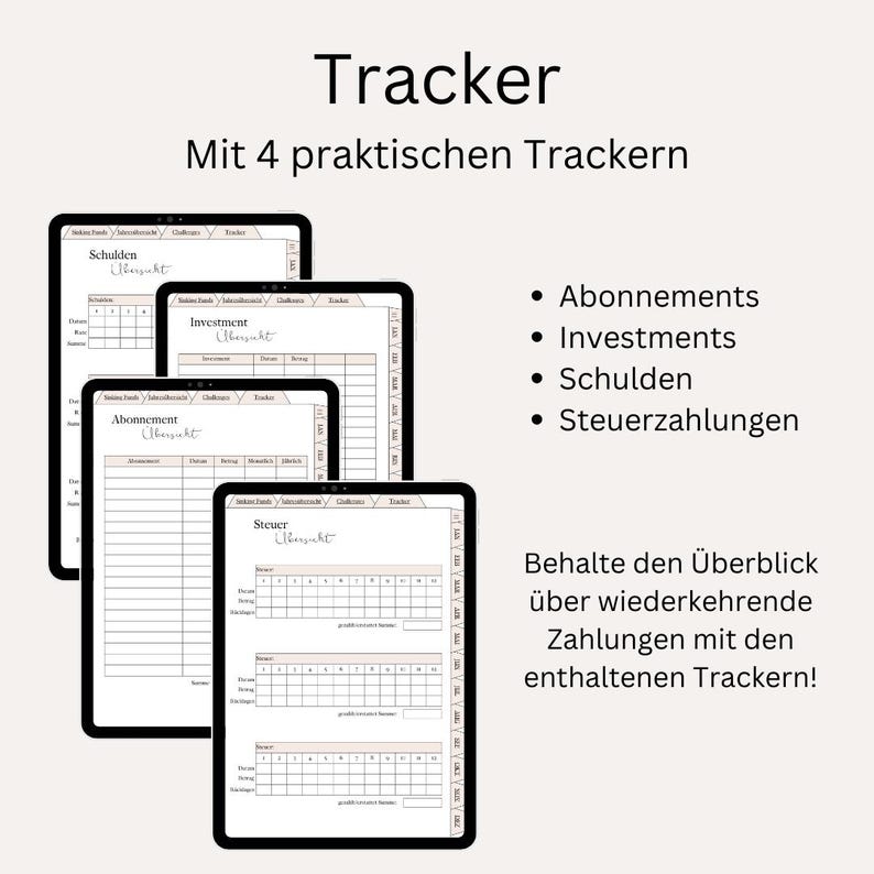 Pu&ograve; includere: Quattro tracker digitali stampabili per gestire abbonamenti, investimenti, debiti e tasse. I tracker sono progettati per aiutarti a tenere traccia dei pagamenti e delle spese ricorrenti.